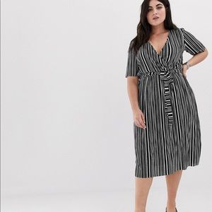 ASOS Curve mono stripe belted plisse wrap dress